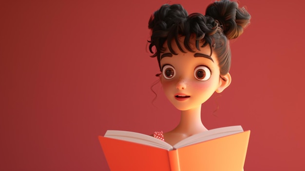 Foto uma deliciosa garota de desenho animado com um livro que emana pura alegria e curiosidade capturada em uma impressionante ilustração de headshot 3d adornada com um lindo vestido de coral sua personalidade vibrante brilha através