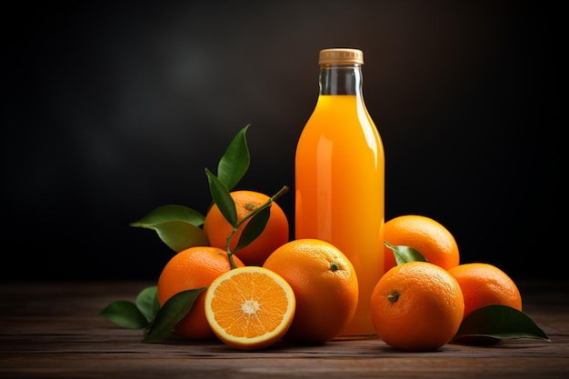Uma deliciosa garrafa de sumo e laranjas.