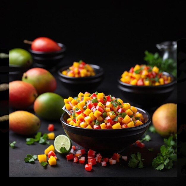 Uma deliciosa Mango Tango Salsa servida no meio de um fundo preto