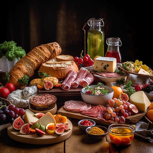 uma deliciosa mesa de café da manhã com diferentes pães queijo Salsicha frios salame molhos frutas