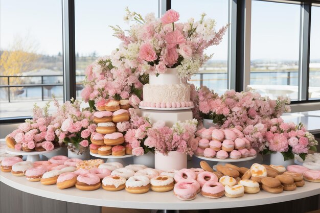 Foto uma deliciosa mesa de sobremesas com uma variedade de doces e lindas flores