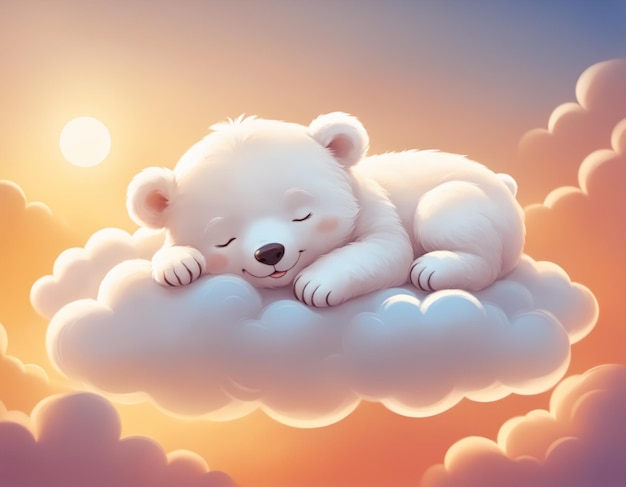 Uma deliciosa obra de arte de um pequeno urso branco sorridente adormecendo em uma nuvem em uma atmosfera quente de pôr-do-sol.