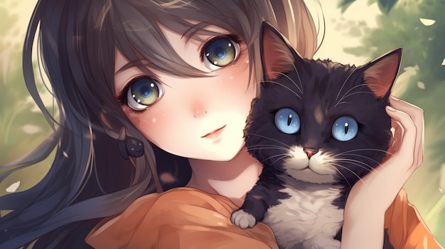 uma deliciosa obra de arte digital em estilo anime com uma linda garota com um gato