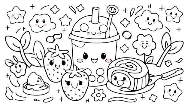 Uma deliciosa página de colorir no estilo Kawai com comida e bebida adoráveis