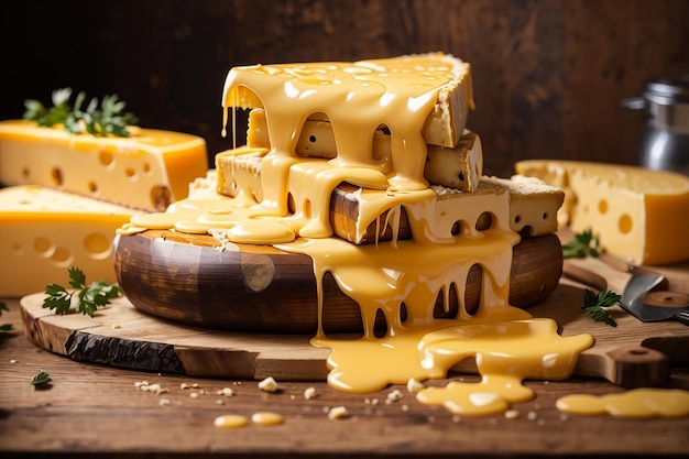 Uma deliciosa pilha de queijo derretido na mesa de madeira e fundo de madeira