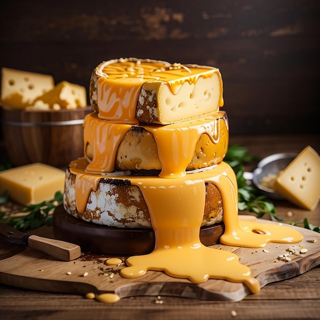 Uma deliciosa pilha de queijo derretido na mesa de madeira e fundo de madeira