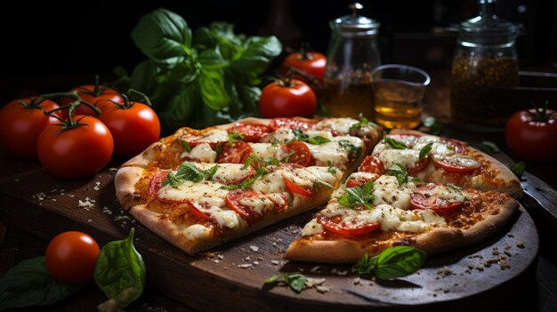 Foto uma deliciosa pizza com tomates frescos, manjericão e queijo mozzarella.