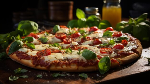 Foto uma deliciosa pizza com tomates frescos, manjericão e queijo mozzarella.