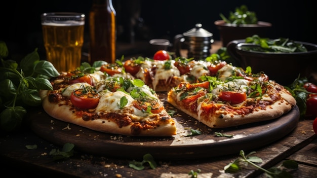 Foto uma deliciosa pizza com tomates, manjericão e queijo mozzarella.