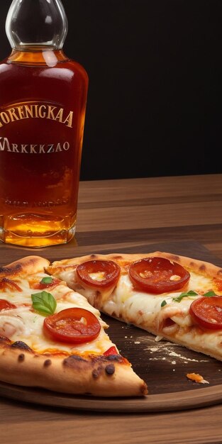 uma deliciosa pizza de carne acompanhada de um copo de whisky com gelo