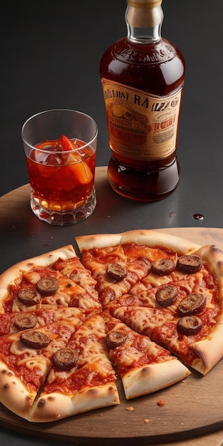 uma deliciosa pizza de carne acompanhada de um copo de whisky com gelo