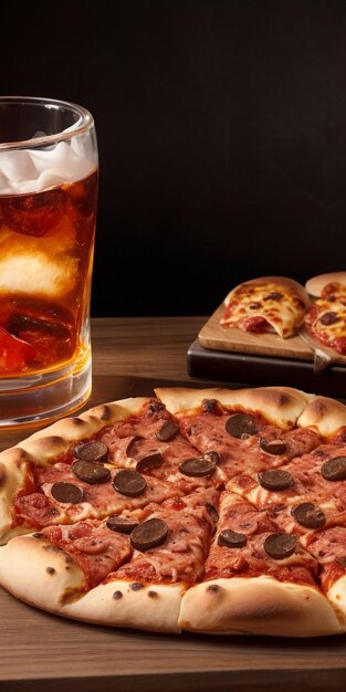 uma deliciosa pizza de carne acompanhada de um copo de whisky com gelo