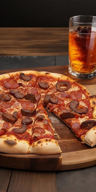 uma deliciosa pizza de carne acompanhada de um copo de whisky com gelo