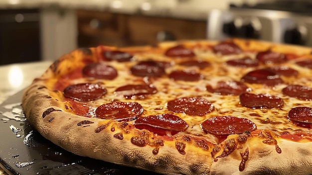 Uma deliciosa pizza de pepperoni recém-saída do forno a pizza é feita com uma crosta crocante um molho de tomate picante e queijo pegajoso