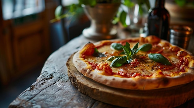 uma deliciosa pizza fresca na mesa em close-up