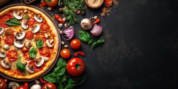 Uma deliciosa pizza italiana em close-up vista de cima lugar para texto generativo ai