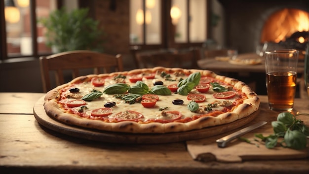 Uma deliciosa pizza recém-saída do forno em cima de uma mesa de madeira rústica