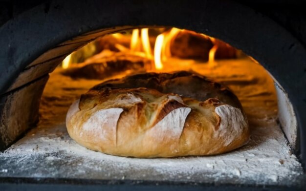 Foto uma deliciosa pizza sendo assada num forno a lenha