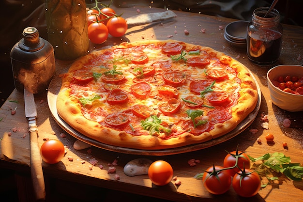 Uma deliciosa pizza servida na mesa.