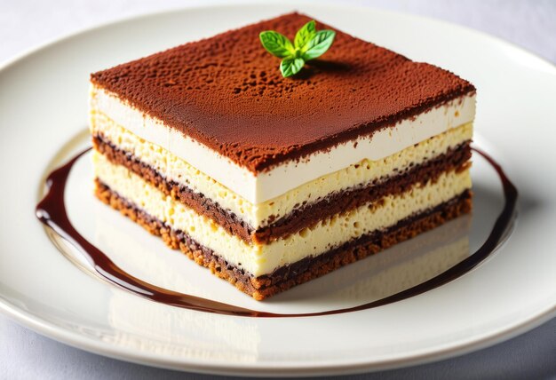 Uma deliciosa porção de tiramisu é elegantemente apresentada num prato