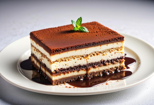 Uma deliciosa porção de tiramisu é elegantemente apresentada num prato