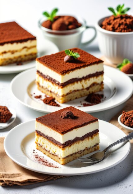 Uma deliciosa porção de tiramisu é elegantemente apresentada num prato