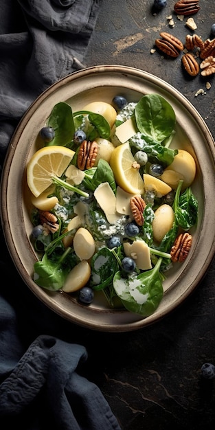 Uma deliciosa salada com frutas e queijo.