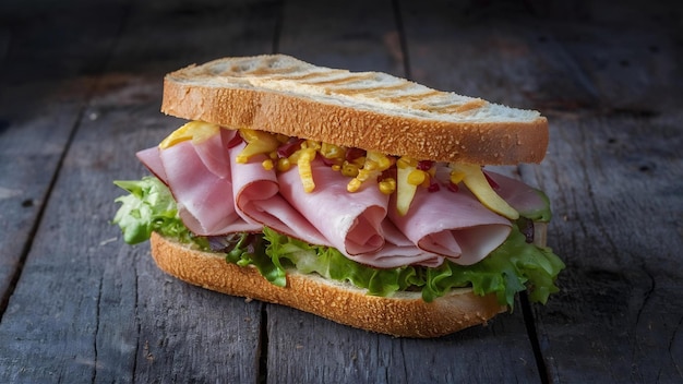 Foto uma deliciosa sanduíche com presunto e salada.