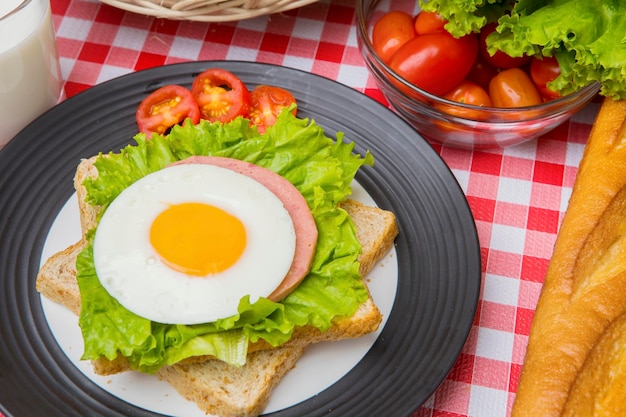 Uma deliciosa sanduíche de ovos servida na mesa.