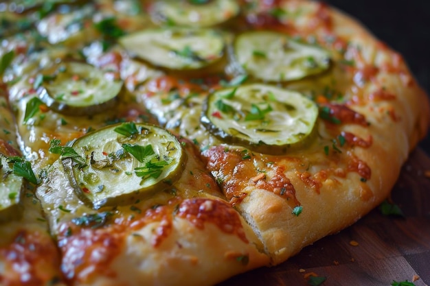 Uma deliciosa série de pizzas recém-cozidas adornadas com fatias de pepino em conserva destacadas pelo queijo dourado
