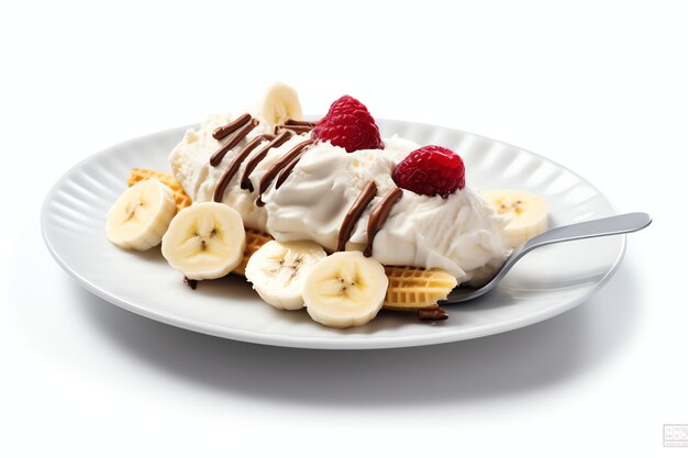 Uma deliciosa sobremesa de sorvete de banana split com calda de chocolate Sobremesa de sorvete de banana split