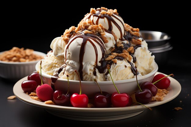 Uma deliciosa sobremesa de sorvete de banana split com calda de chocolate Sobremesa de sorvete de banana split