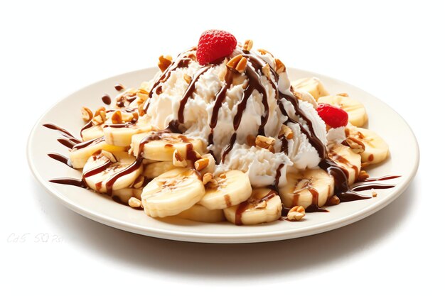 Uma deliciosa sobremesa de sorvete de banana split com calda de chocolate Sobremesa de sorvete de banana split