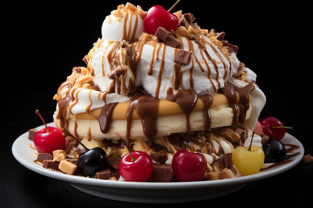 Uma deliciosa sobremesa de sorvete de banana split com calda de chocolate Sobremesa de sorvete de banana split