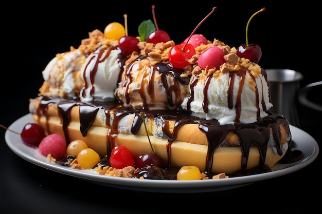 Uma deliciosa sobremesa de sorvete de banana split com calda de chocolate Sobremesa de sorvete de banana split