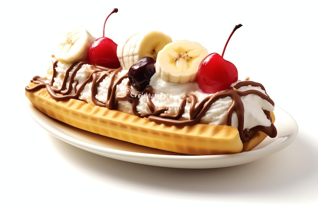 Uma deliciosa sobremesa de sorvete de banana split com calda de chocolate Sobremesa de sorvete de banana split