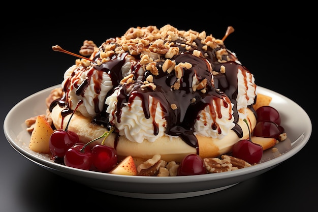 Uma deliciosa sobremesa de sorvete de banana split com calda de chocolate Sobremesa de sorvete de banana split