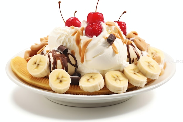 Uma deliciosa sobremesa de sorvete de banana split com calda de chocolate Sobremesa de sorvete de banana split