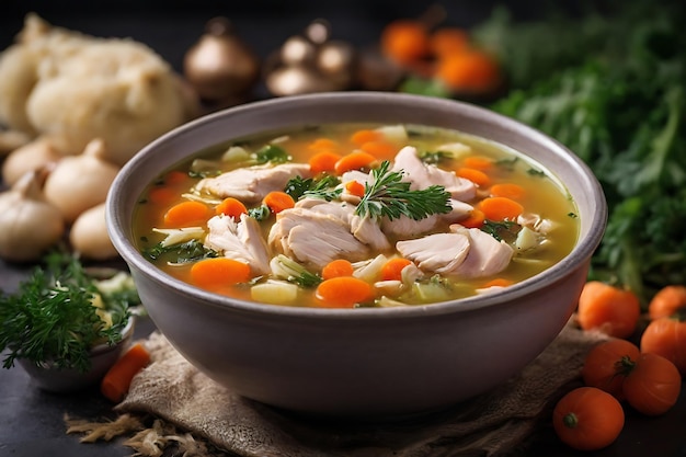 Foto uma deliciosa sopa de frango com vegetais numa tigela, comida de inverno e sopa rica em proteínas.