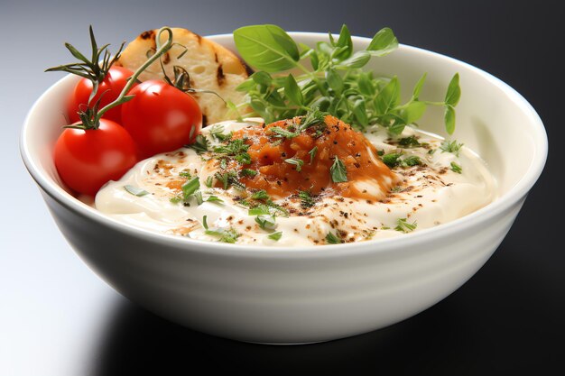 Uma deliciosa sopa de tomate em uma tigela Alimentação de inverno e sopa de proteína saudável