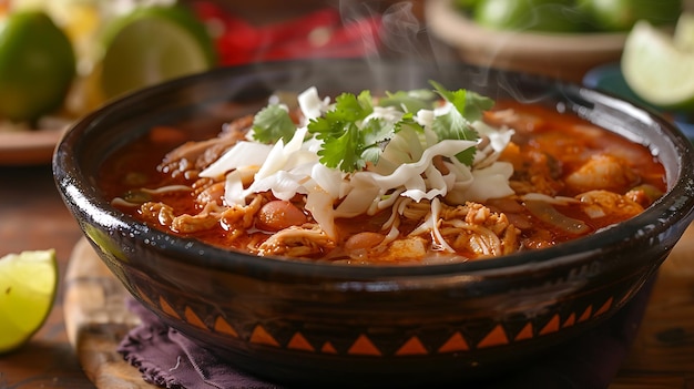 Foto uma deliciosa tigela de pozole, uma sopa tradicional mexicana feita com carne de porco e legumes