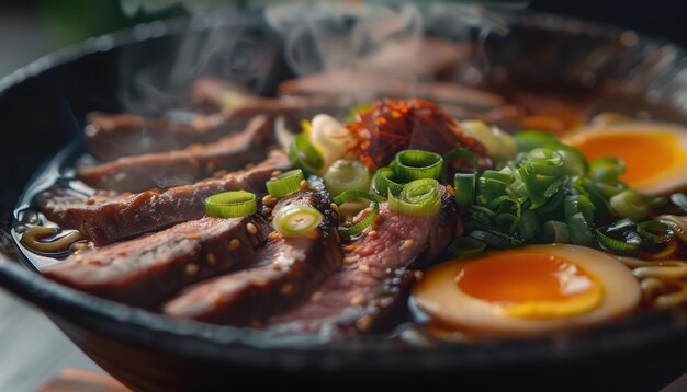 Uma deliciosa tigela de ramen asiática com carne e ovos.