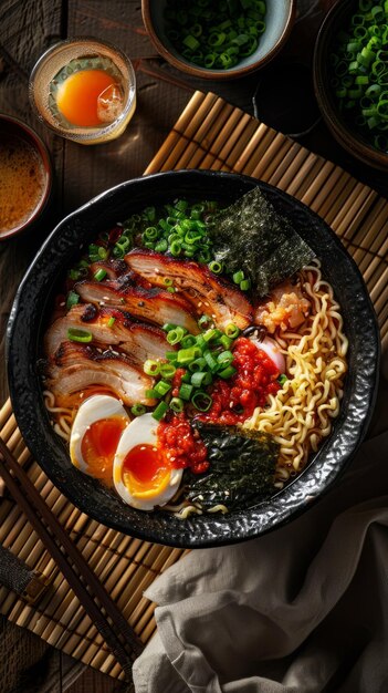 Foto uma deliciosa tigela de ramen com ovo de porco e legumes.