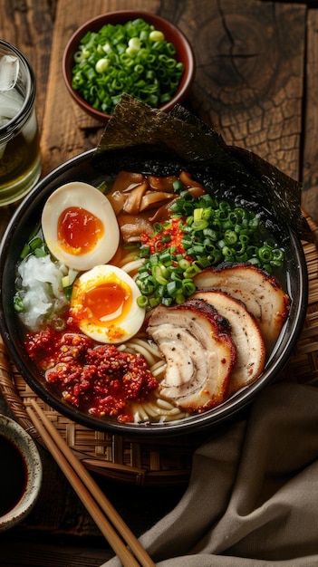 Foto uma deliciosa tigela de ramen com ovos de porco e vegetais.