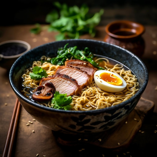 Uma deliciosa tigela de ramen saborosa com pauzinhos na mesa de madeira escura