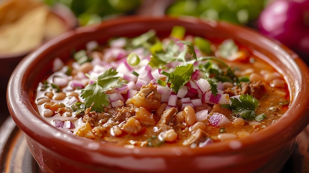 Foto uma deliciosa tigela de sopa tradicional mexicana feita com carne de porco e um caldo saboroso