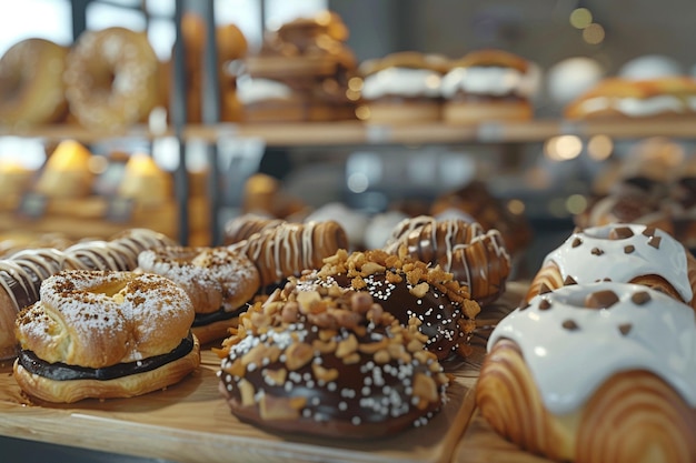 Foto uma deliciosa variedade de bolos frescos numa padaria