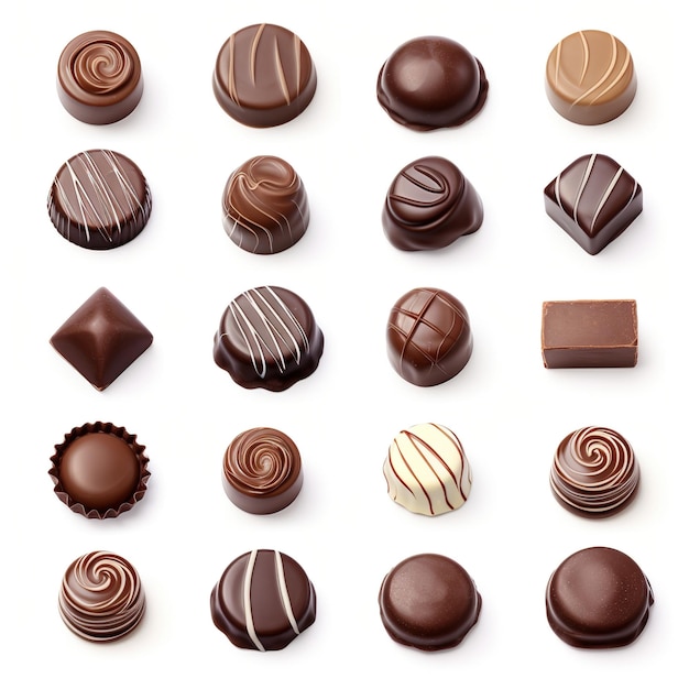 Uma deliciosa variedade de chocolates exibidos em um padrão de grade contra um fundo branco