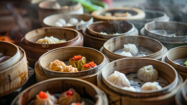 Uma deliciosa variedade de pratos tradicionais chineses de dim sum, incluindo bolinhos e bolinhos cozidos ao vapor, servidos em bandejas de bambu