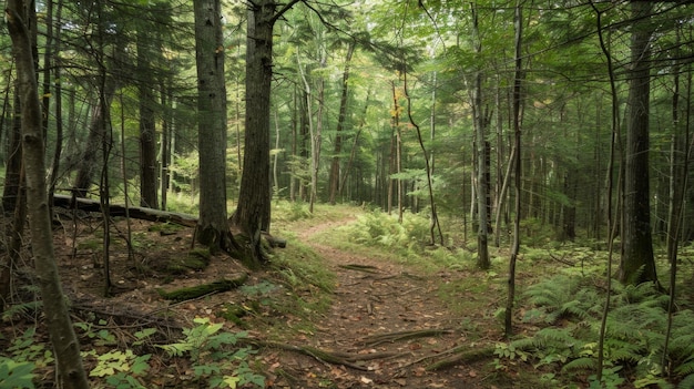 Uma densa floresta é atravessada por sinuosas trilhas de caminhada que mostram a coexistência de recreação